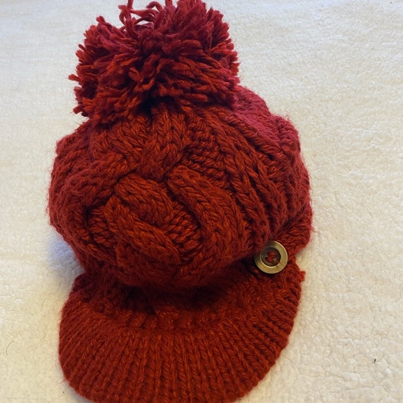 Chunky Knit Pom Pom Beanie with Visor Brim - Rust Red One Size - Picture 2 of 4